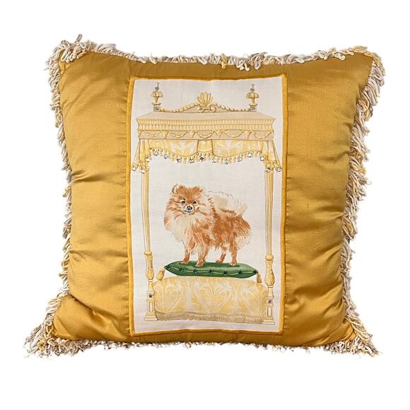 Regal Pomeranian Dog Throw Pillow Yellow Gold Fringe Glam Beaded Decor 16”x16” - Picture 1 of 9